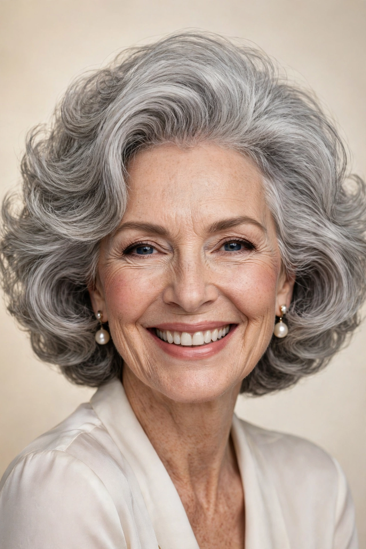 Voluminous silver wavy bob with soft crown volume on a woman in her 60s