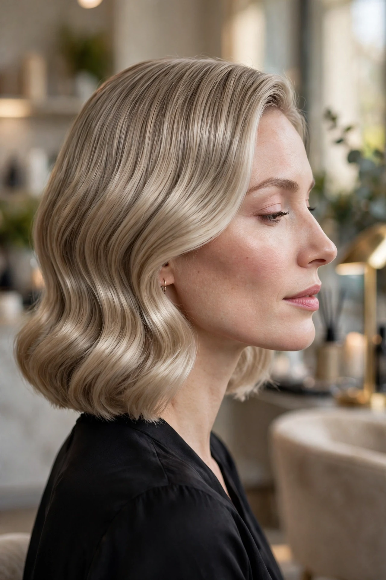 Sleek polished wavy bob in ash blonde with mirror shine, side profile