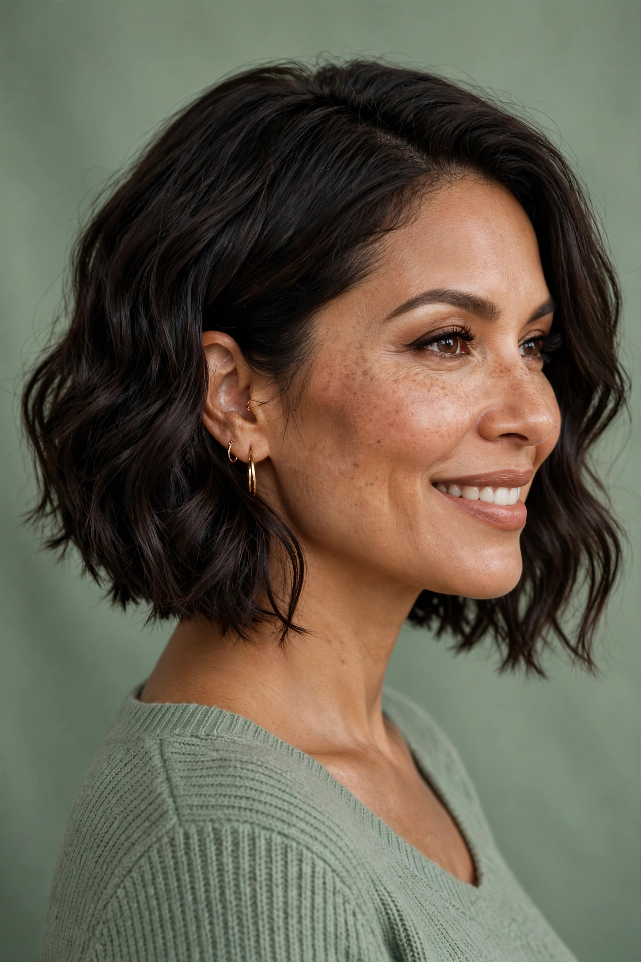 Textured A-line wavy bob in deep espresso, angled silhouette, three-quarter view