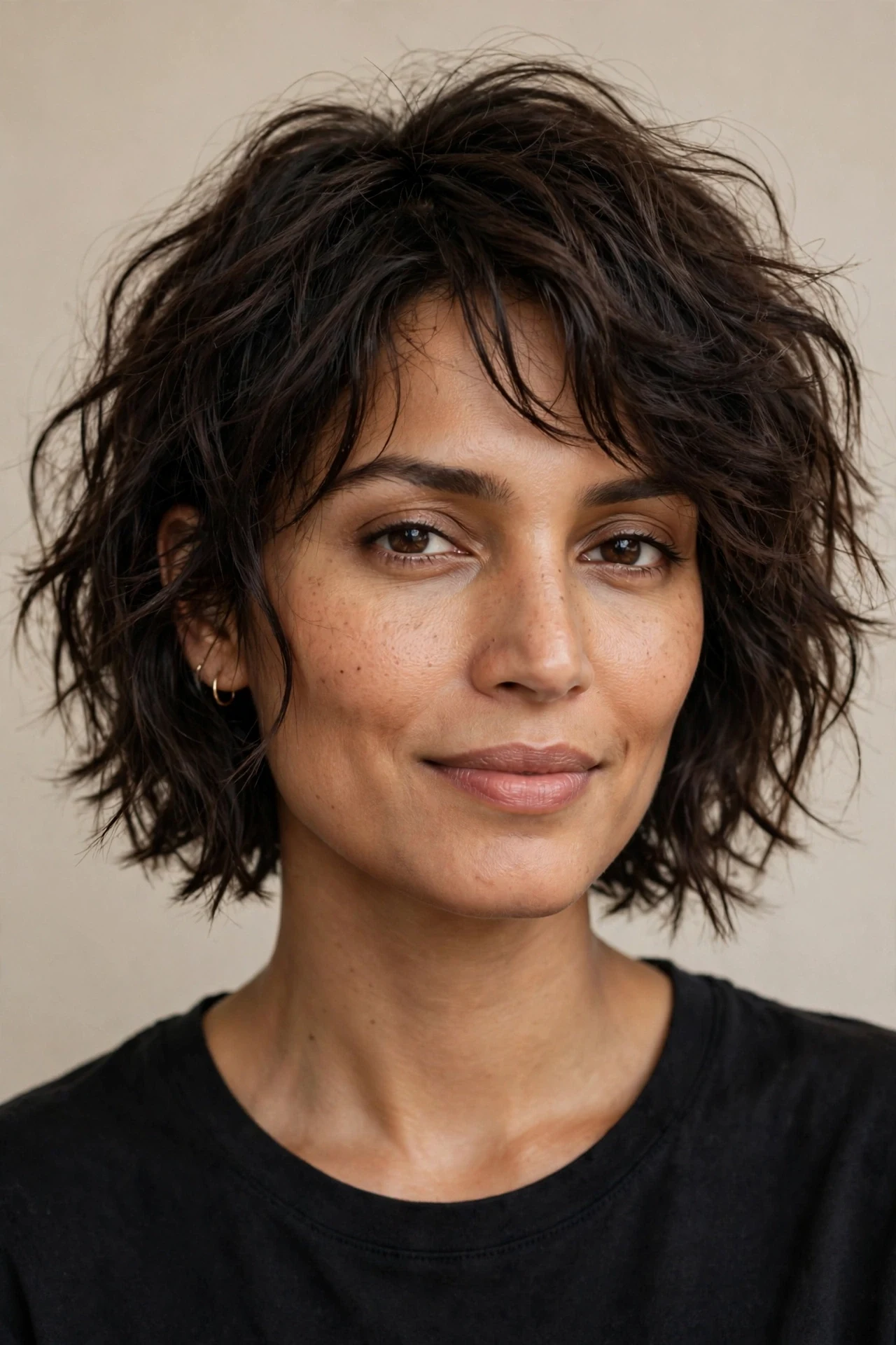 Tousled shaggy wavy bob with piece-y dark layers on a South Asian woman, front view