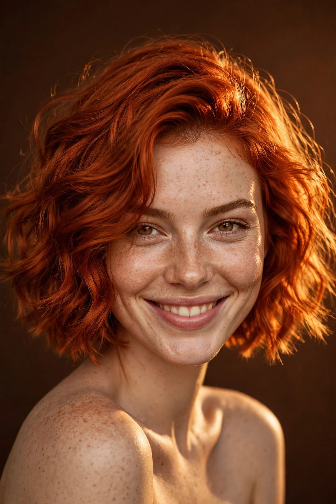 Vivid copper red wavy bob with tousled dimensional waves and freckles