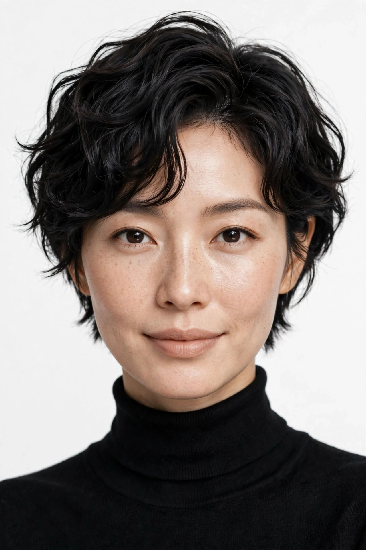 Wavy pixie bob in glossy black with tousled textured crown