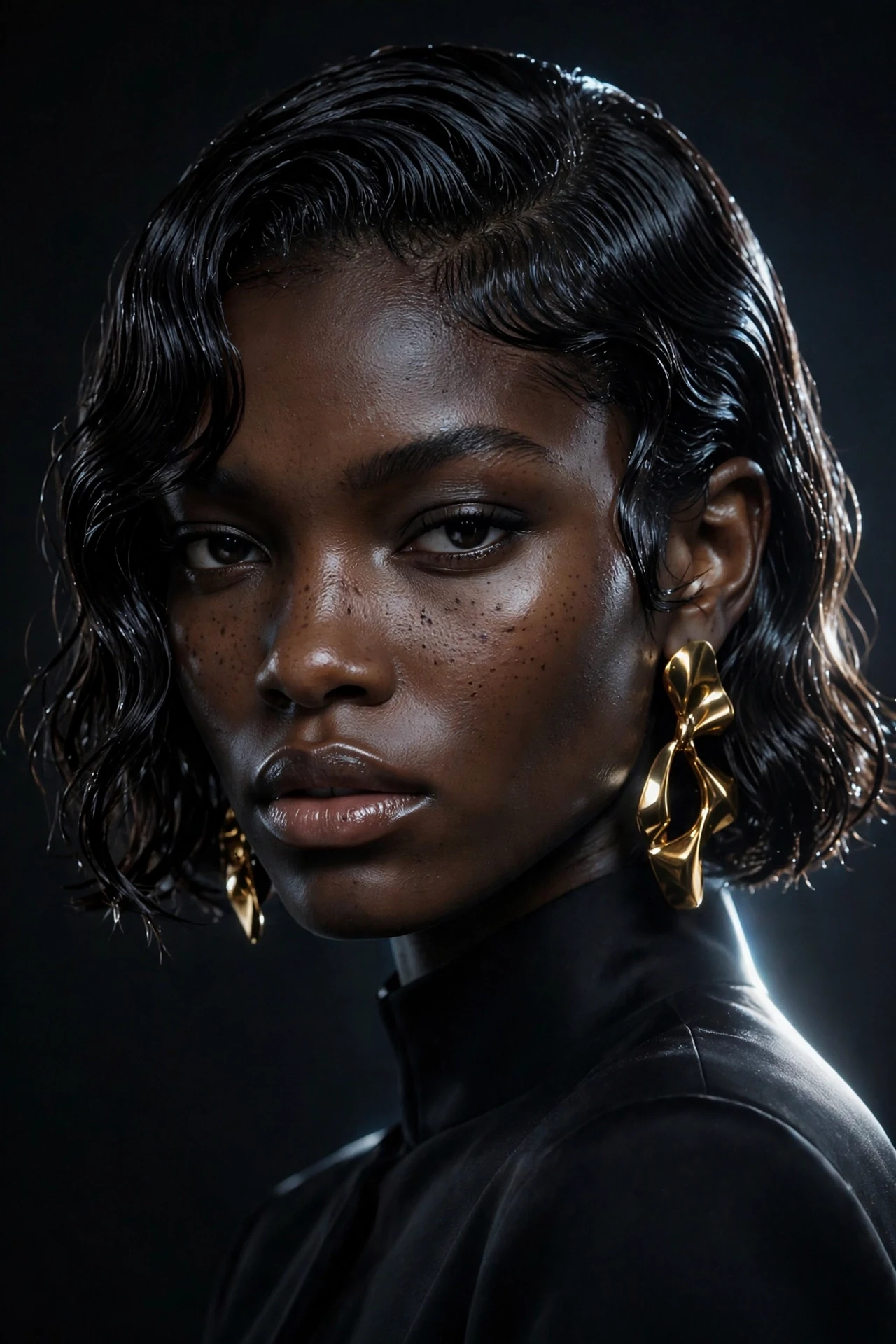 Wet-look wavy bob with slicked glossy sculpted waves, editorial portrait