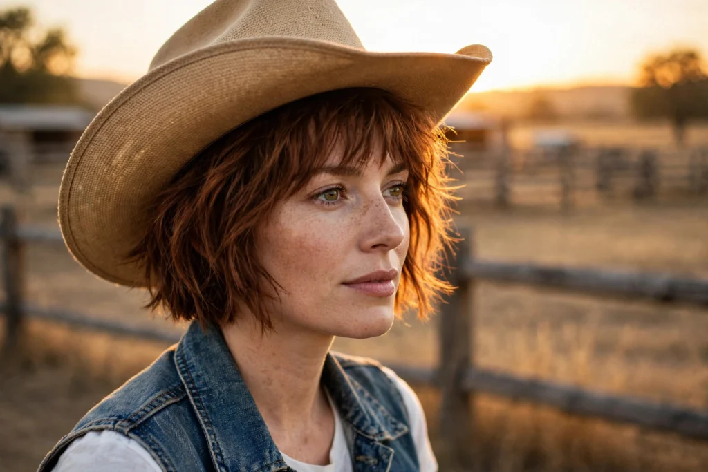 Short cowboy bob haircut with cowboy hat at sunset, summer trend