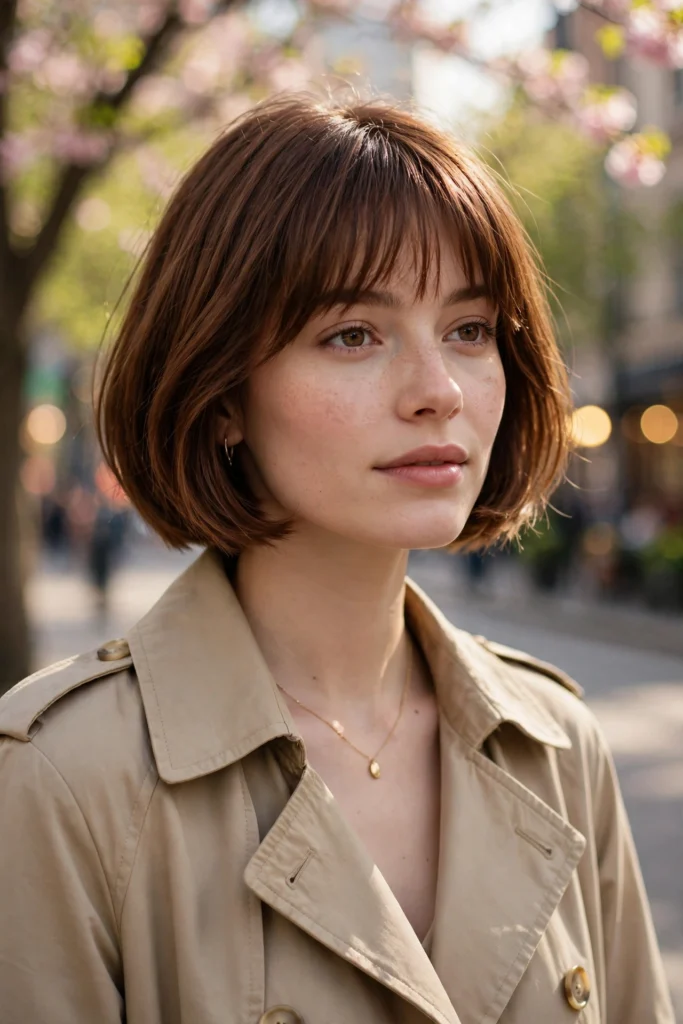 Short french bob haircut with bangs on a young woman in a trench coat