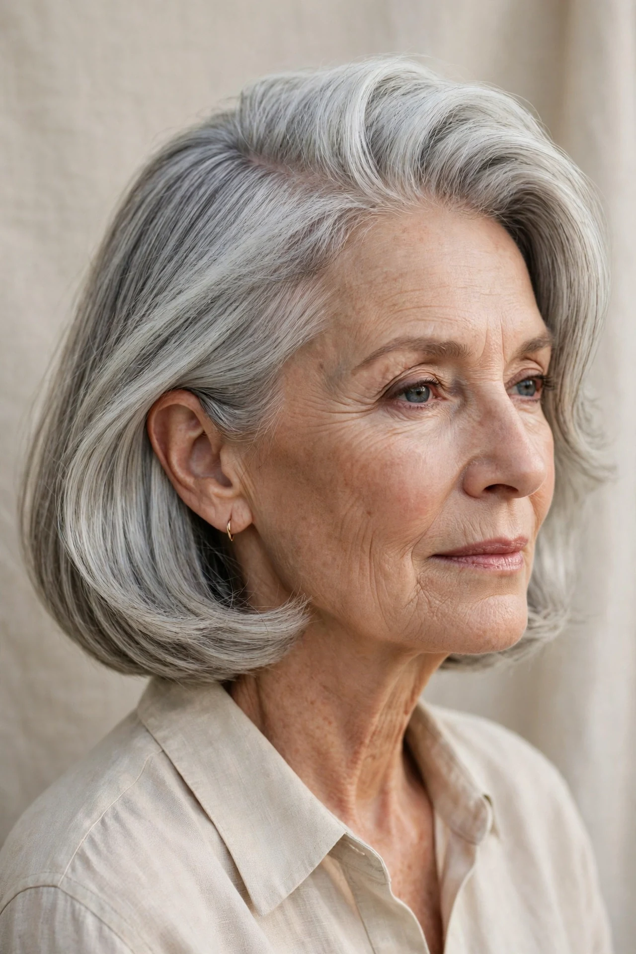 Side-part Italian cut with silver hair on a Caucasian woman in her 60s