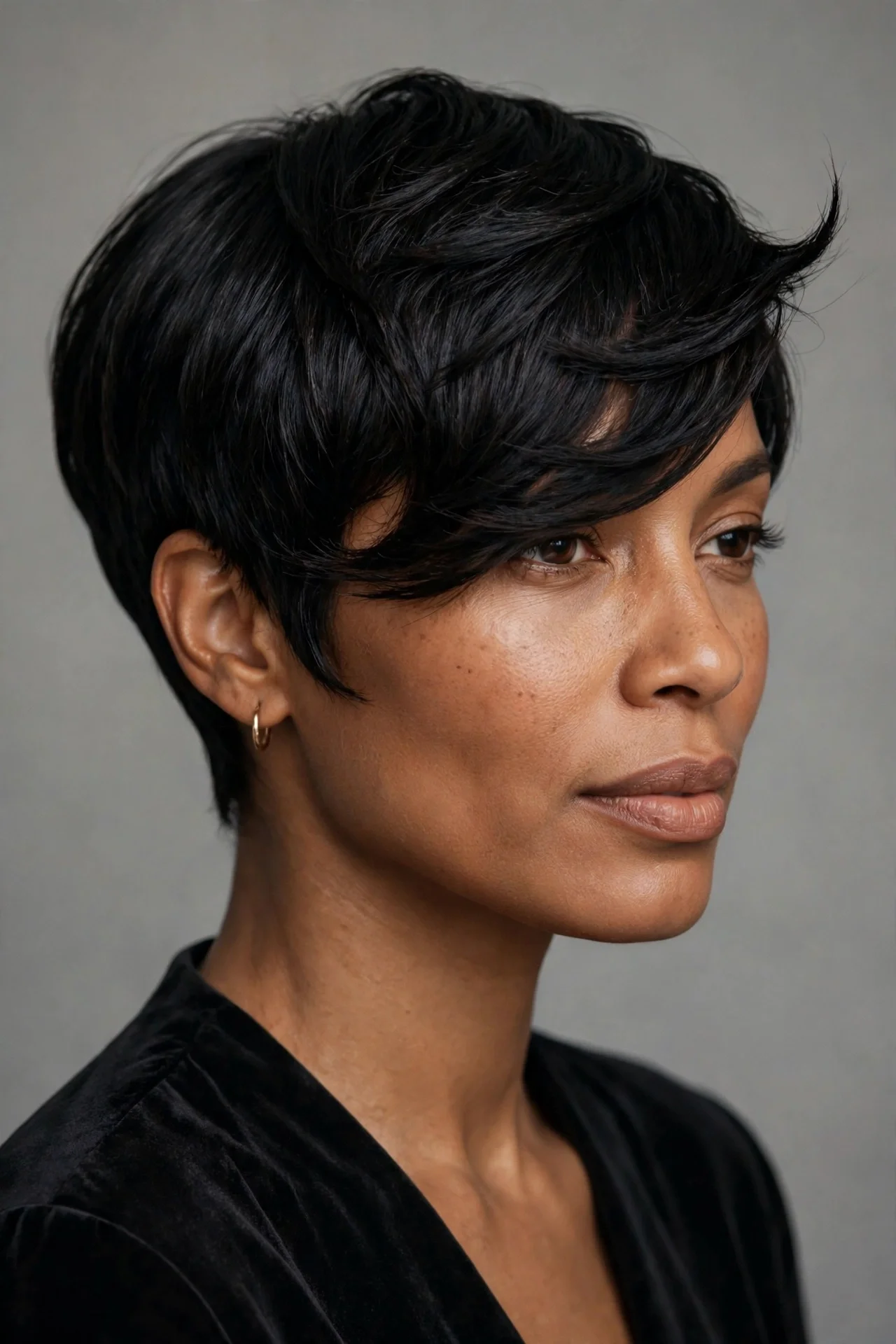 Side-swept bixie haircut with long fringe brushed to one side