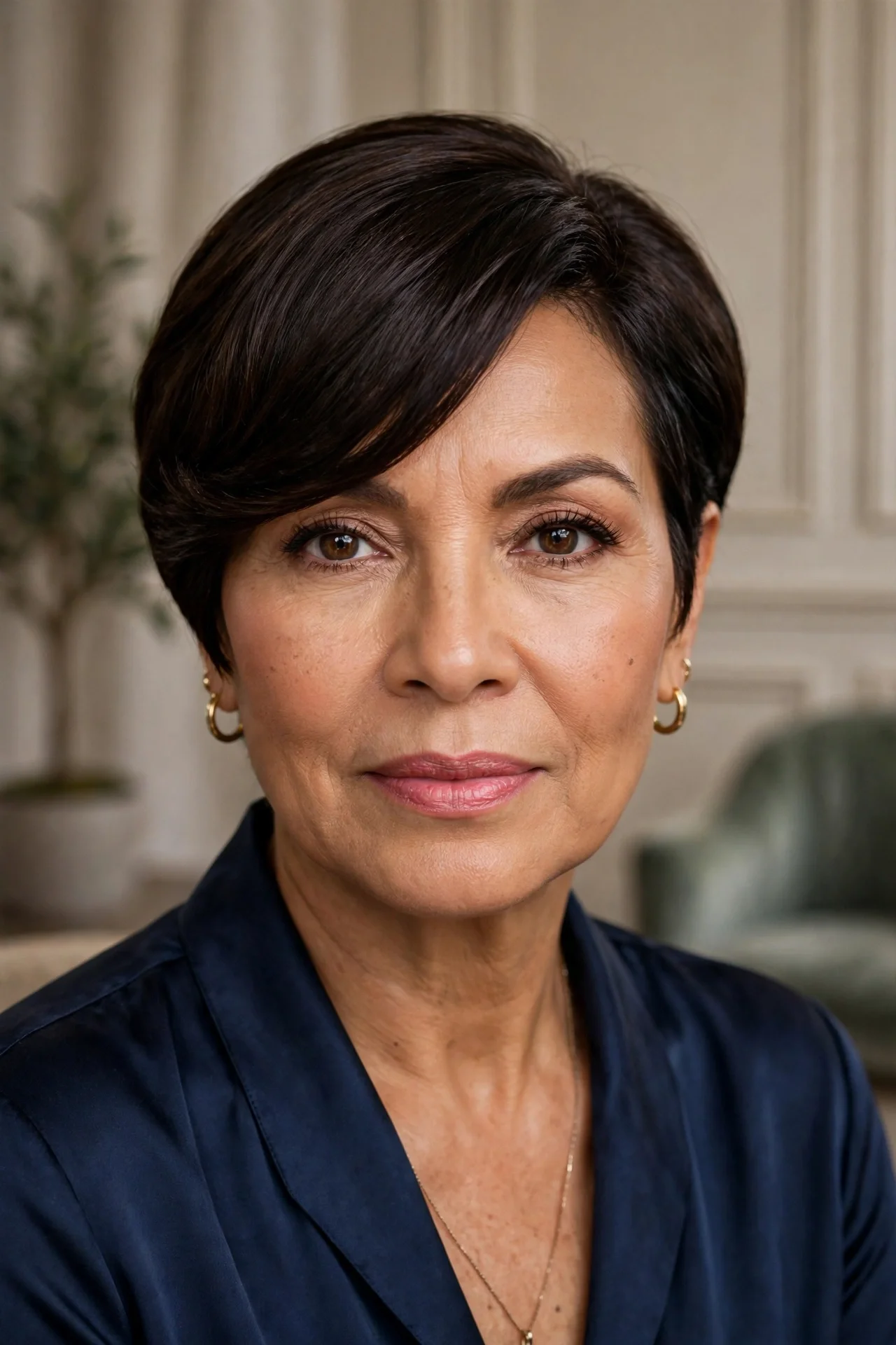 Woman in her 50s with a side-swept dark brunette bixie