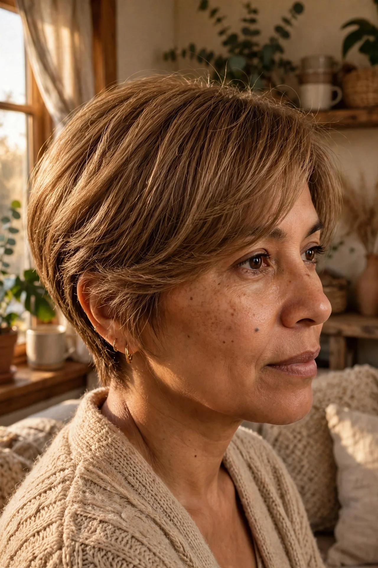 Fine-haired Latina model wearing a bixie with a soft side-swept fringe
