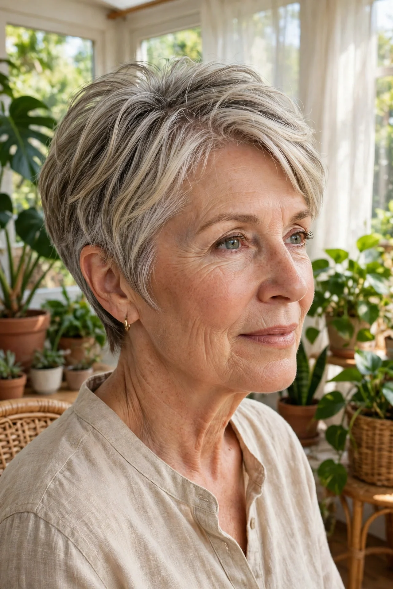 Woman in her 60s with a silver-blend highlighted bixie