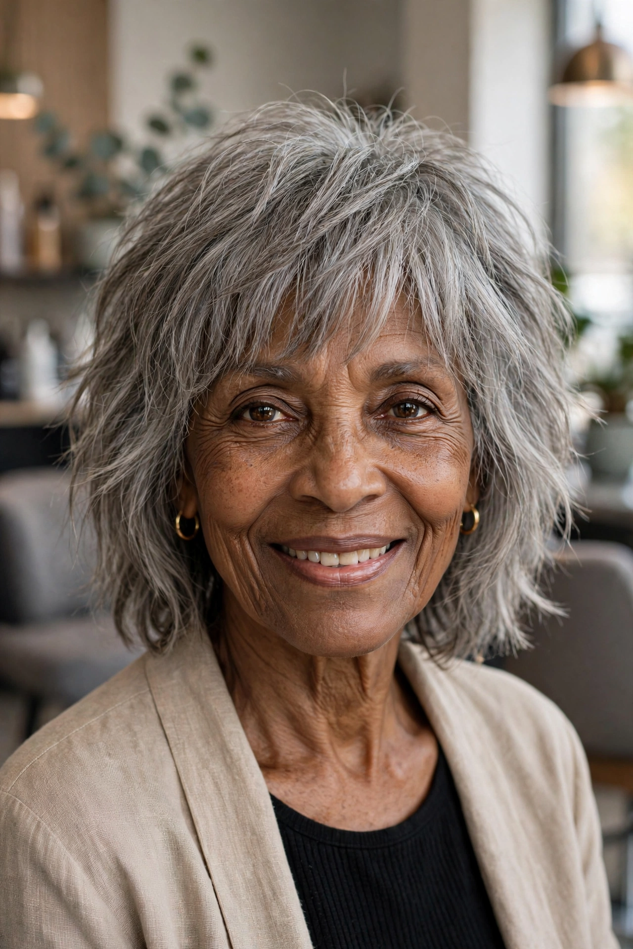 silver shoulder length choppy bob with bangs over 50