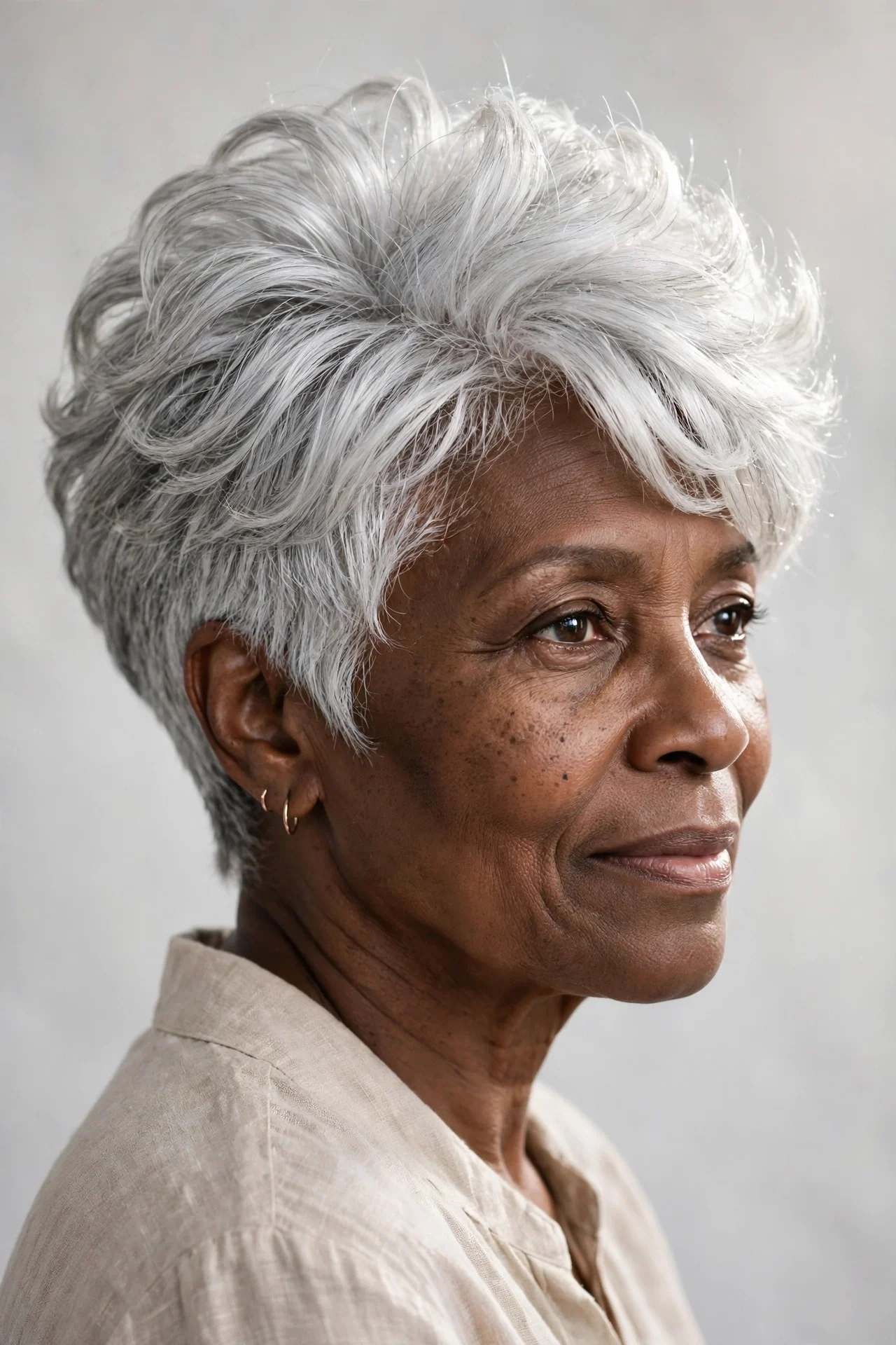 Black woman in her 60s with fine silver hair in a voluminous crown bixie