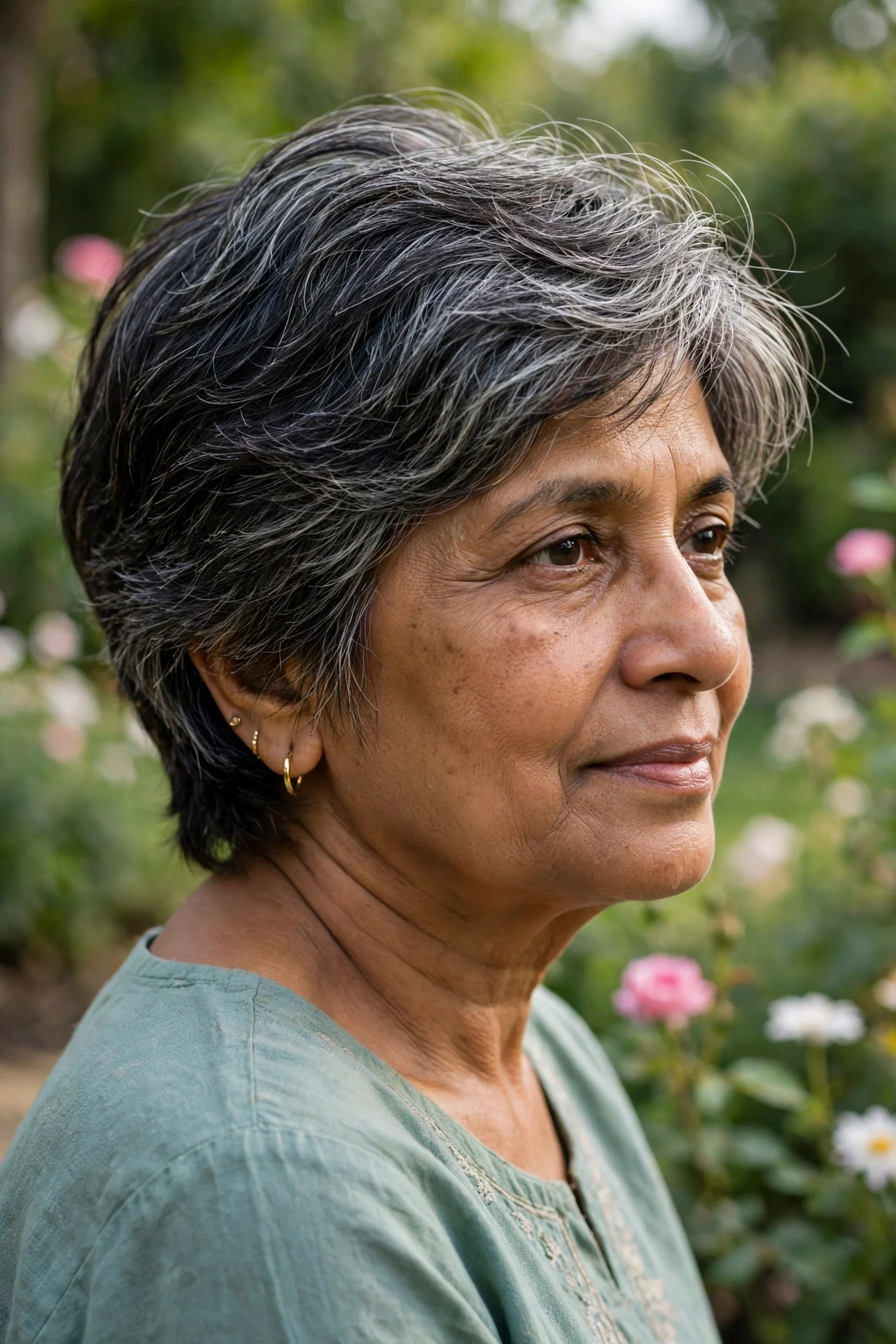South Asian woman in her 60s with fine gray-streaked dark hair in a feathered silver bixie