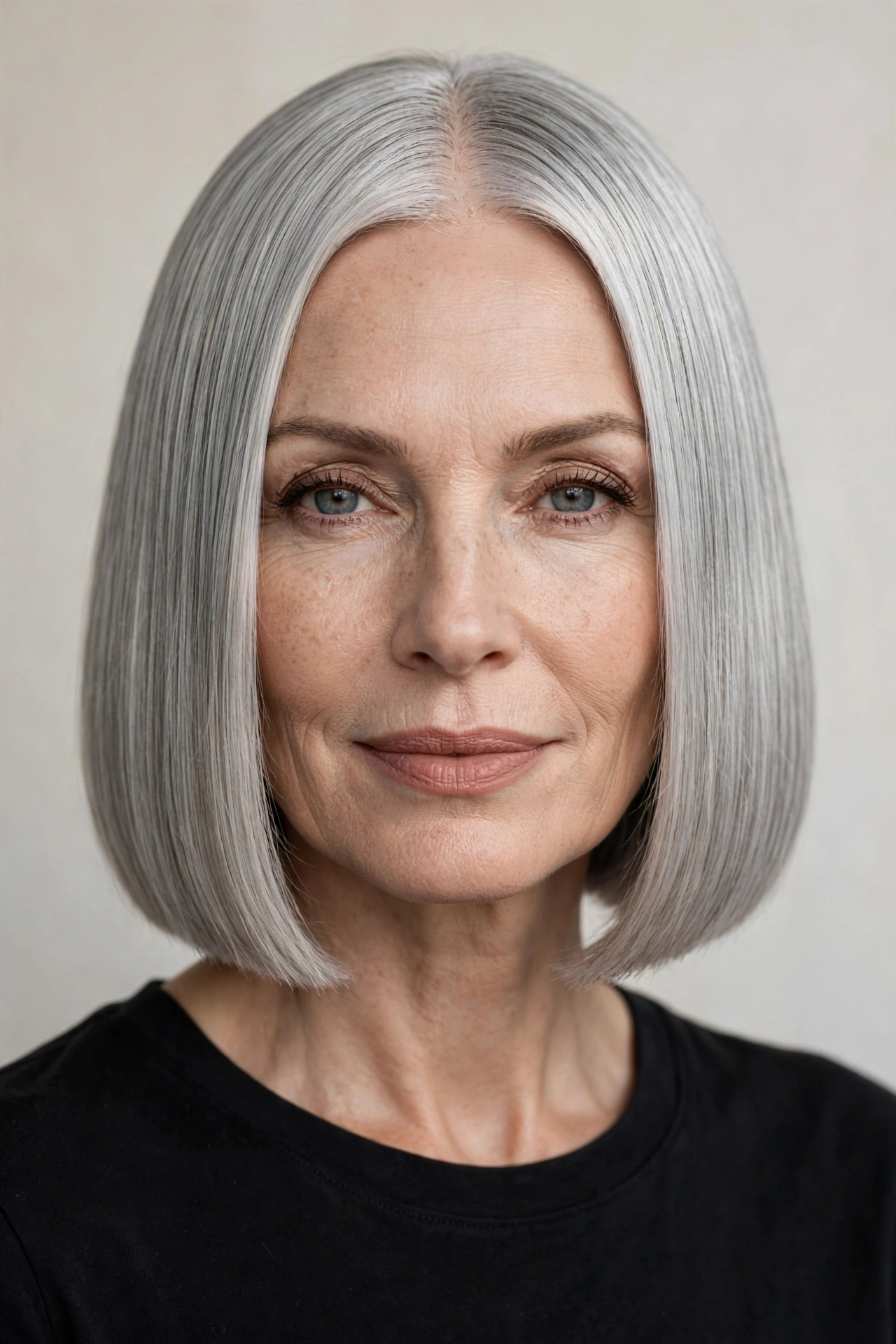 Jaw-length silver bob on straight gray hair with glass mirror finish