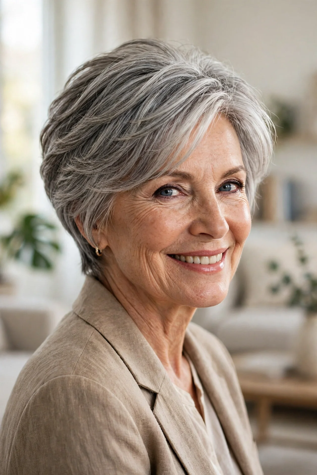 Silver gray bixie cut with metallic shine on a woman in her 60s