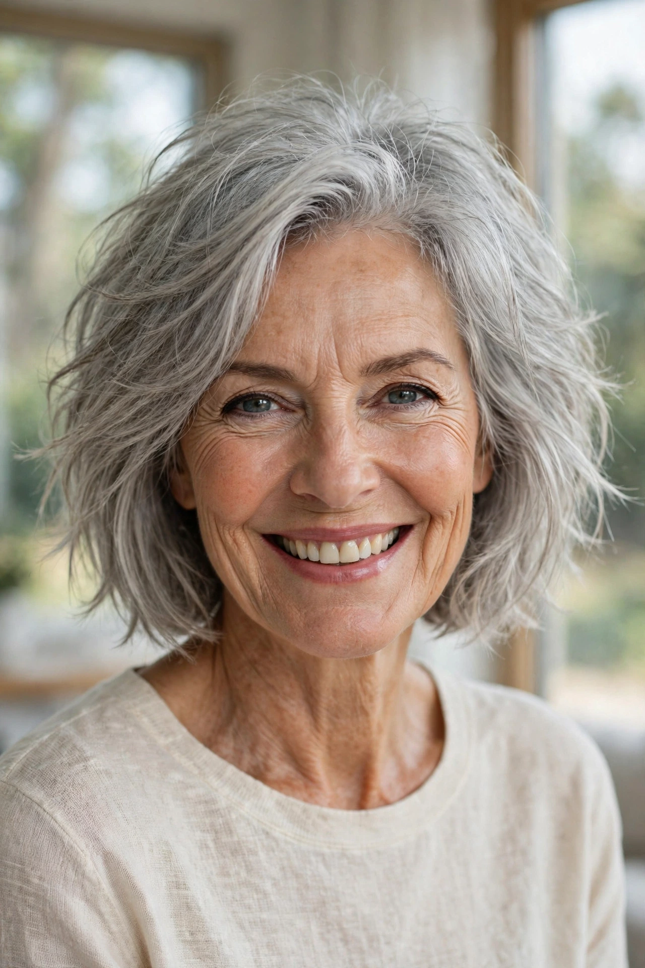 silver gray messy bob for women over 50