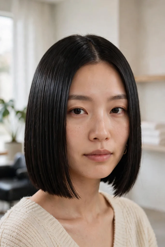 Sleek blunt bob haircut on straight jet-black hair with glass shine finish and center part