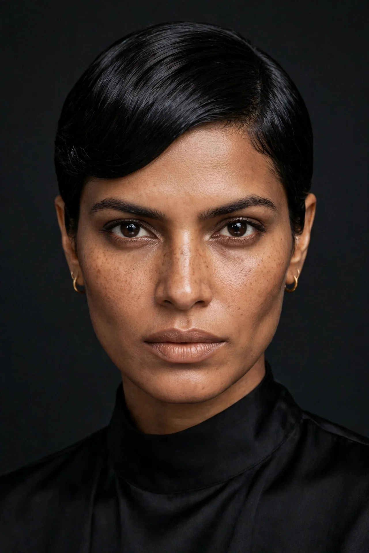 Sleek polished bixie cut with smooth glassy finish on a woman with black hair