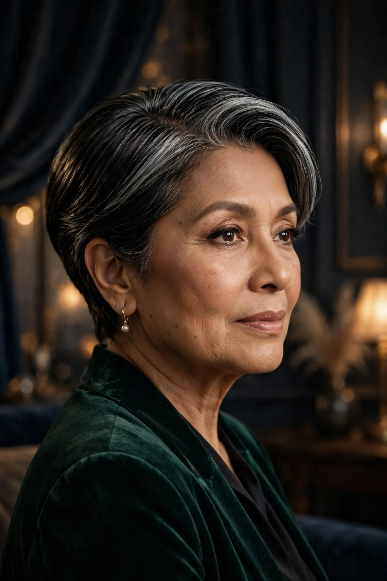Woman in her 60s with a sleek silver-streaked side-part bixie