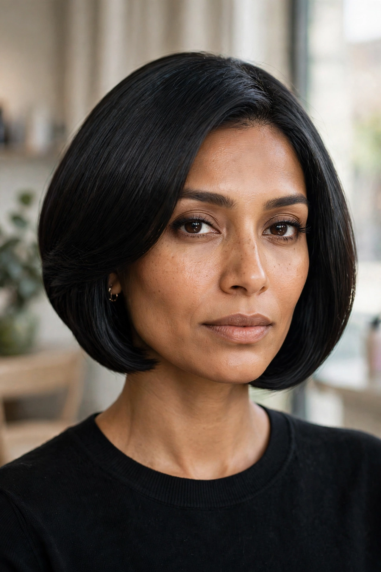 Sleek straight graduated bob on fine hair, polished rounded silhouette with shine
