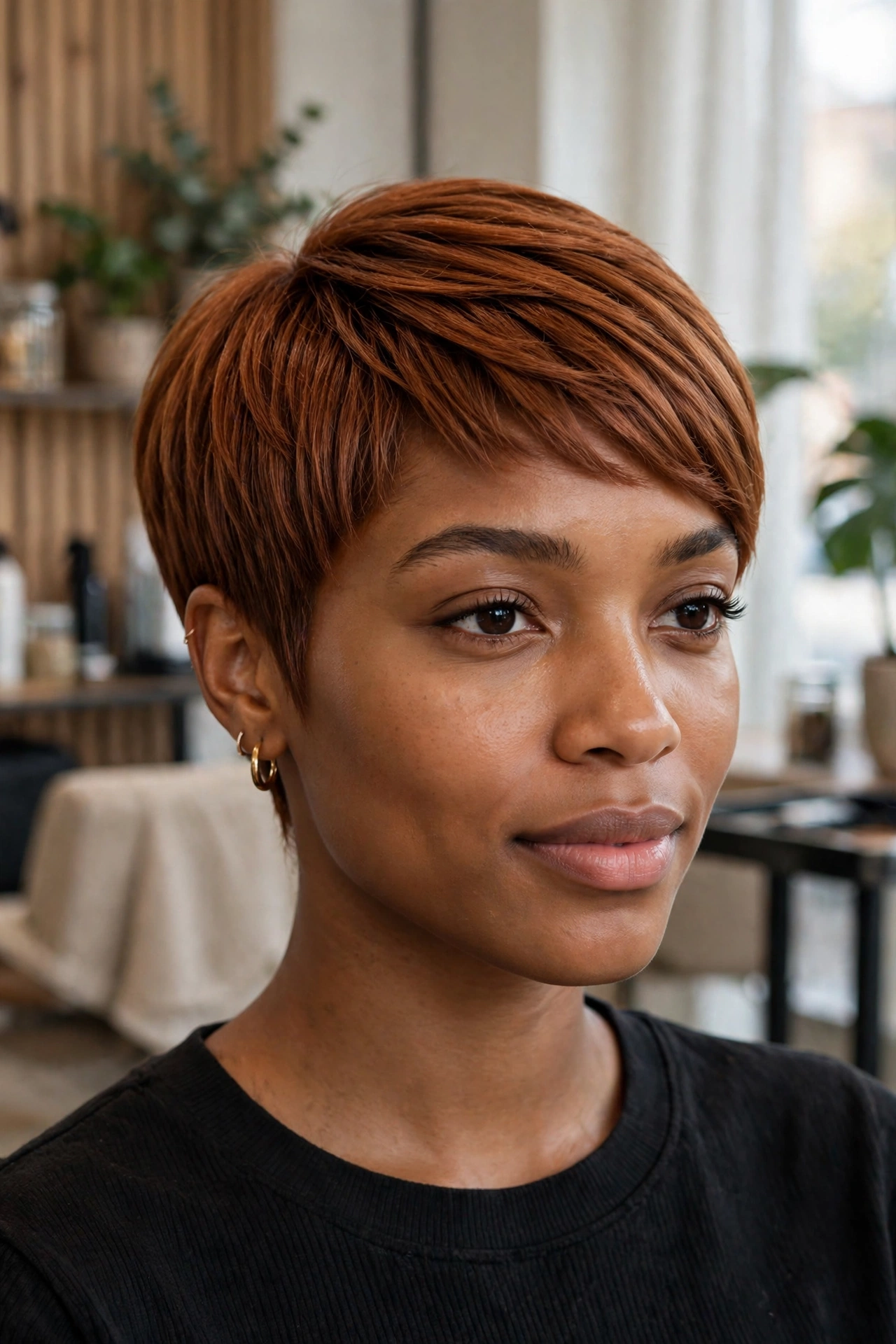 Short sliced pixie-bob on straight copper hair with textured finish