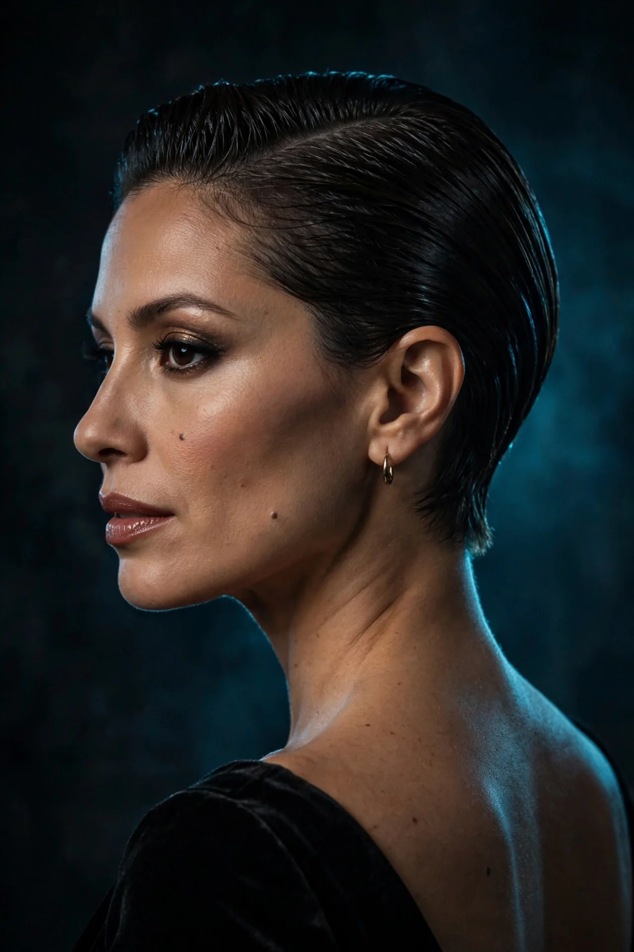 Slicked-back evening bixie haircut with glossy wet-look finish