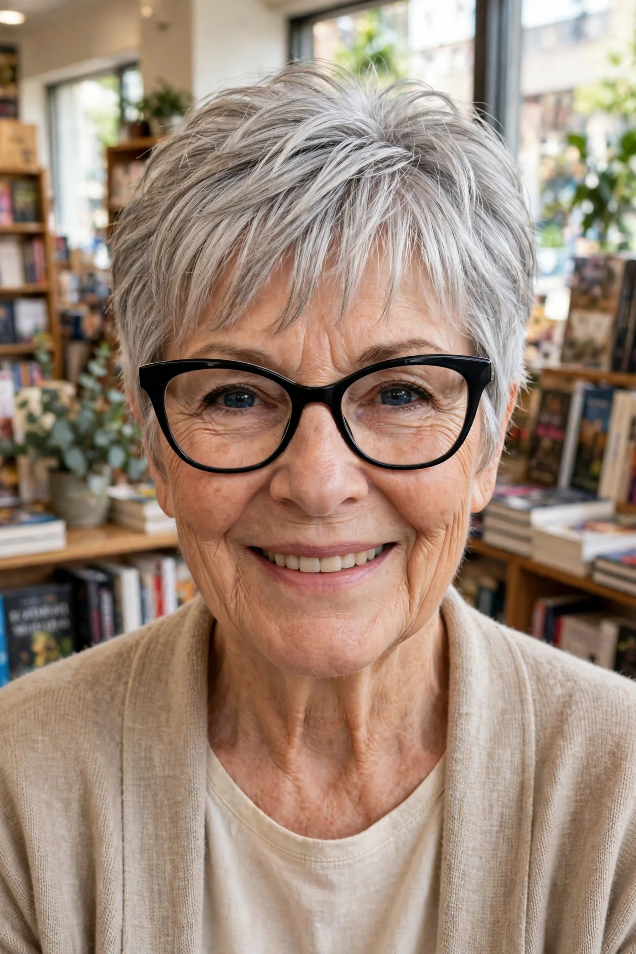 Woman in her 60s with cat-eye glasses and a soft-bangs silver bixie