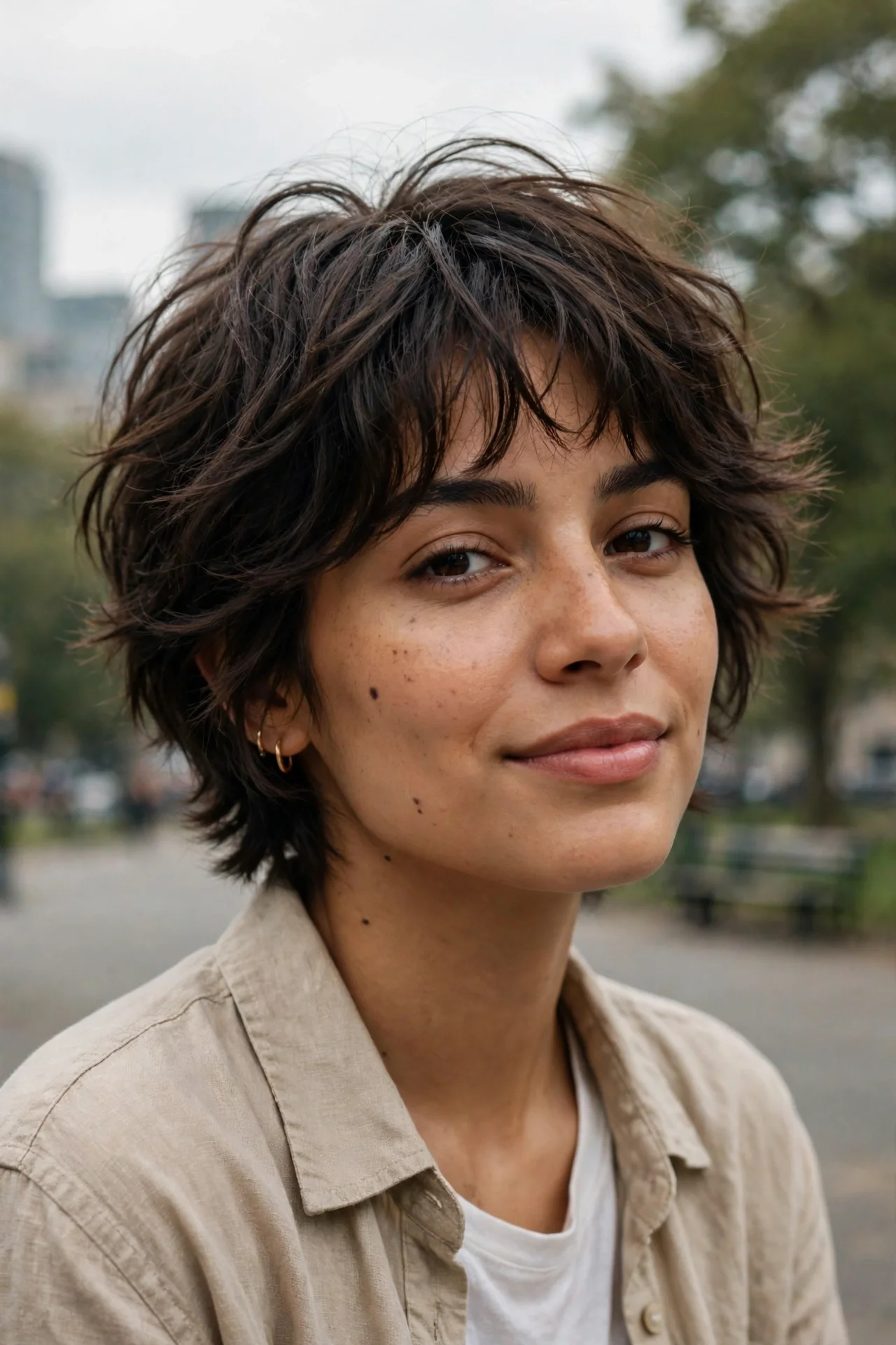 Soft shaggy bixie cut with airy layers on a young woman with brunette hair