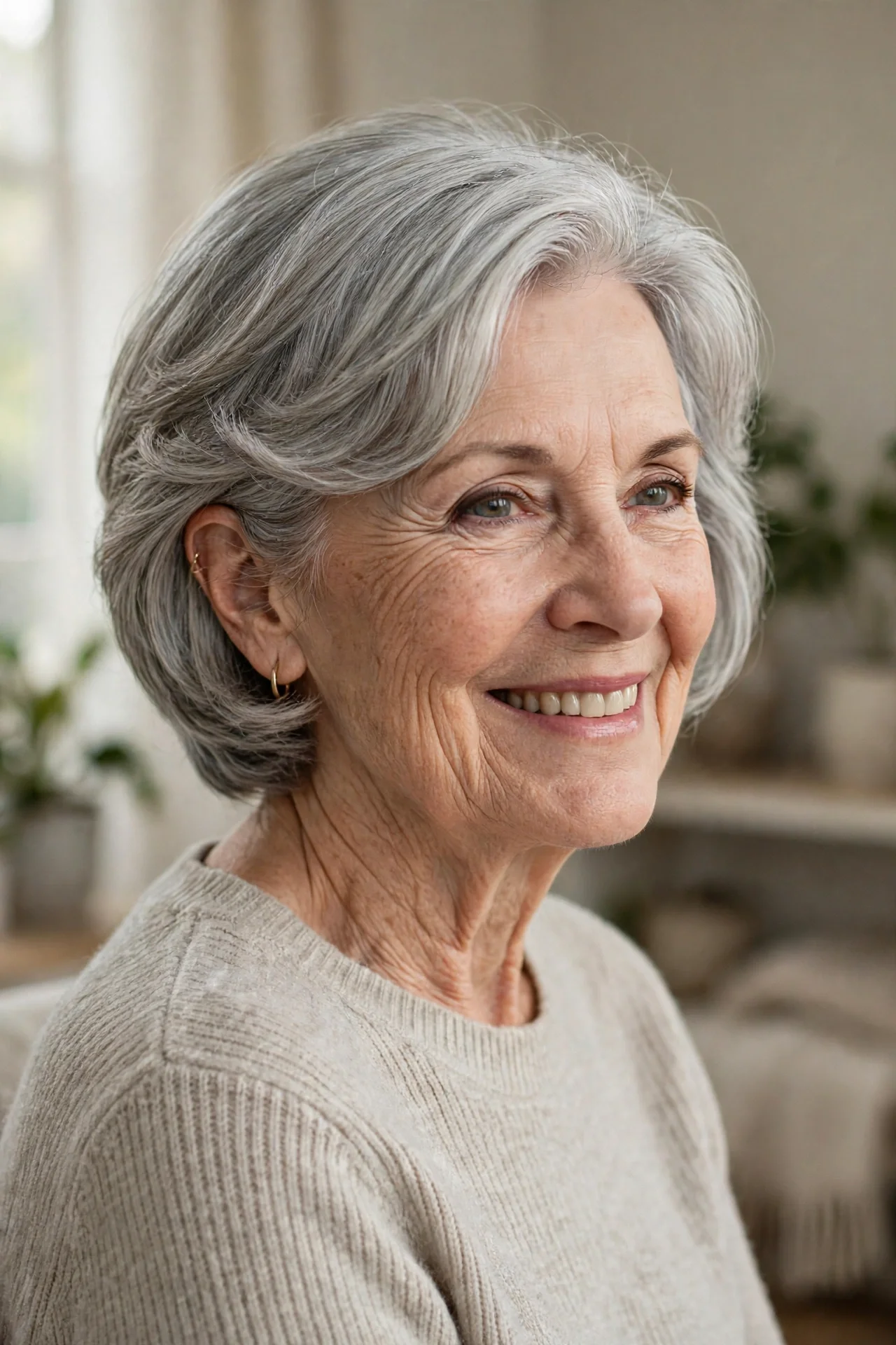 Woman in her 60s with a soft-shaping classic silver bixie, chin-length layers
