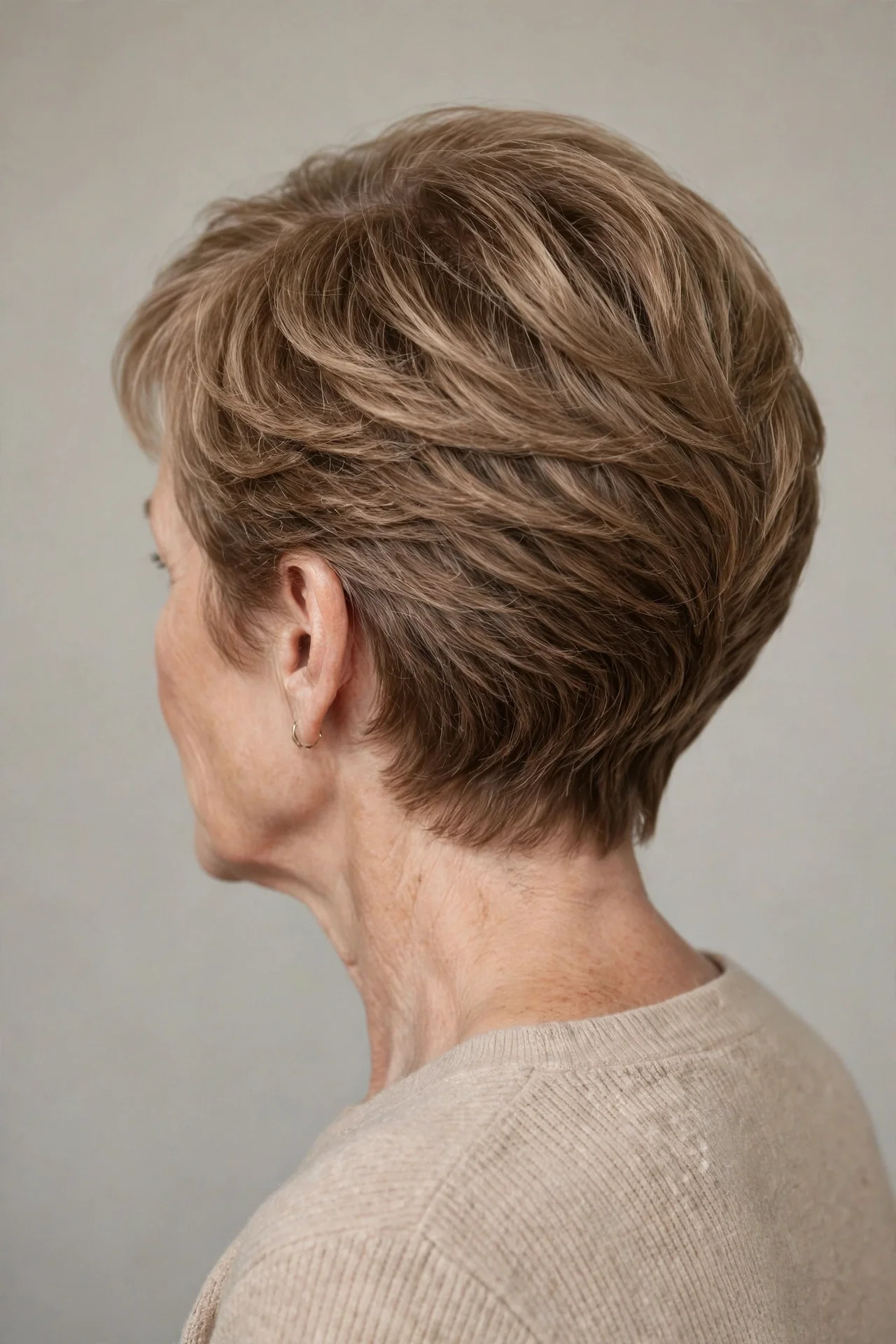 Woman in her 50s with fine light brown hair in a softly stacked back bixie