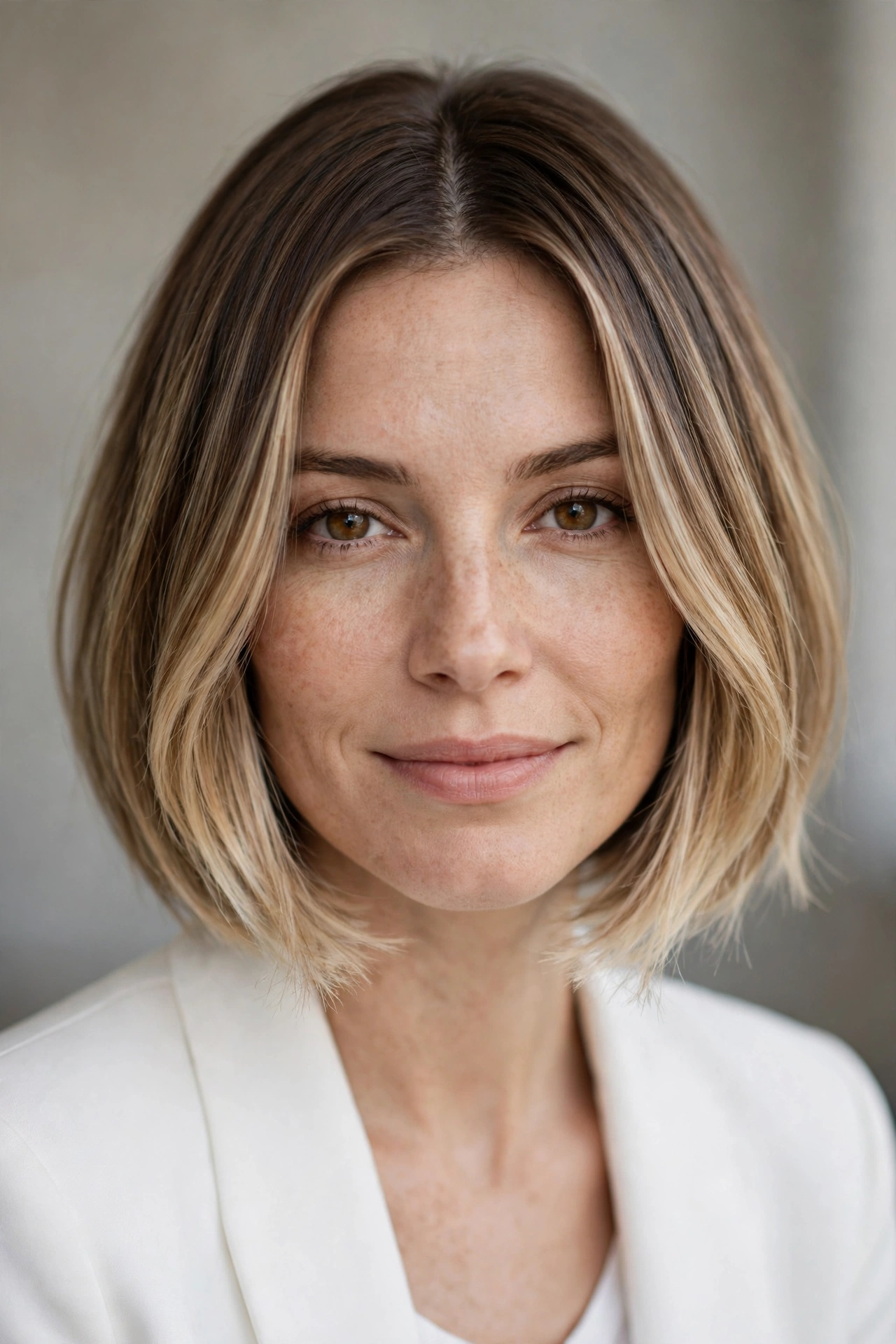 Soft precision bob with soft blonde balayage