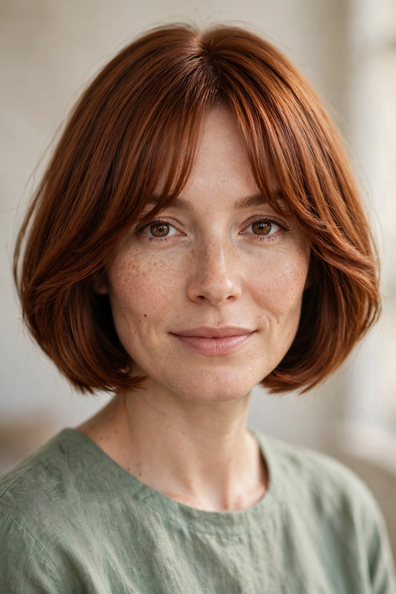 Soft precision bob with curtain bangs parted in the middle