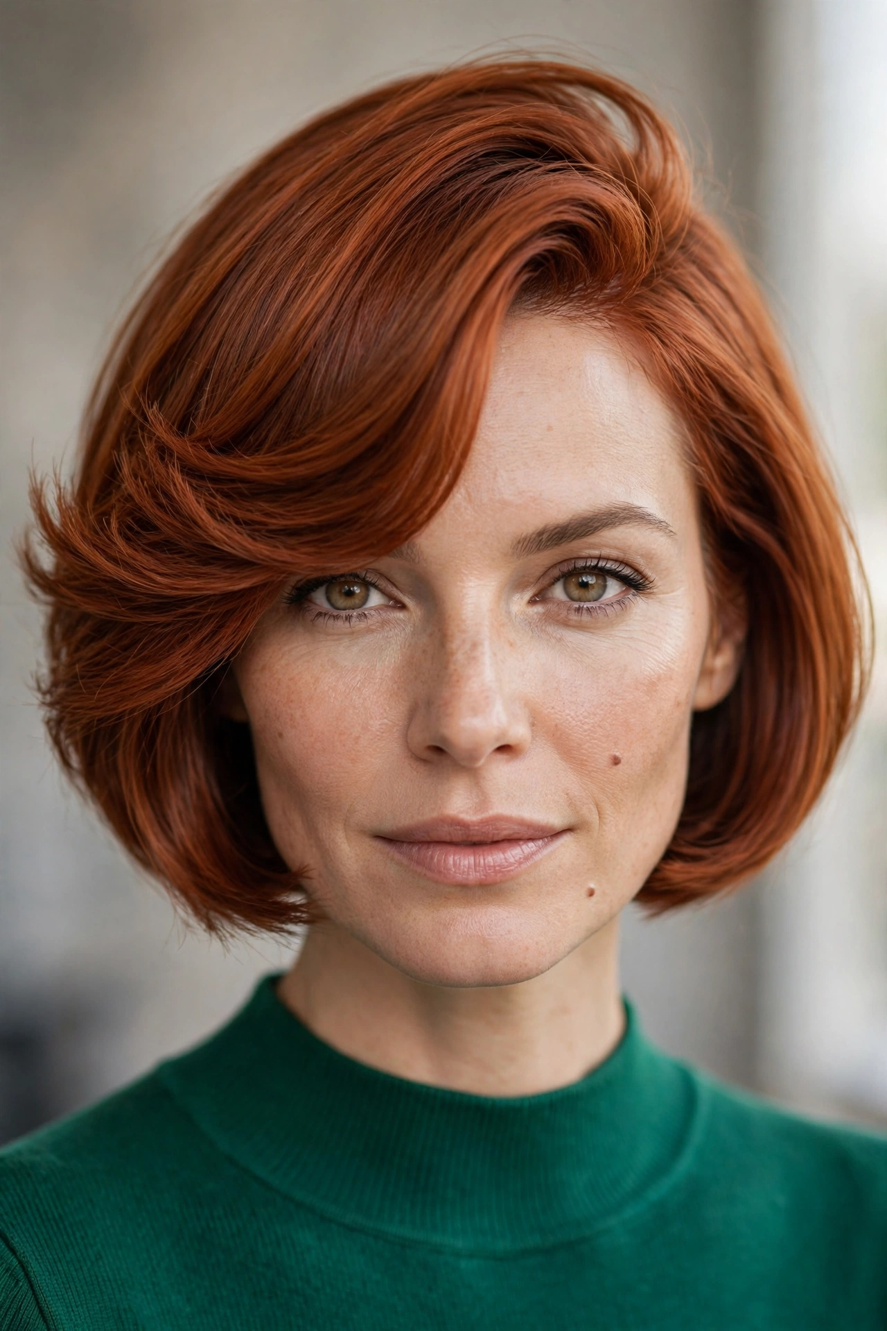 Soft precision bob styled with a deep side part