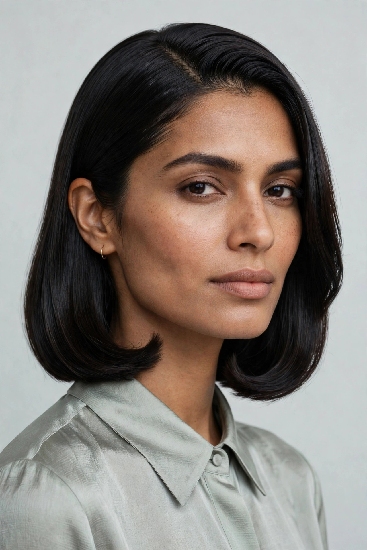 Sleek side part lob for a square face