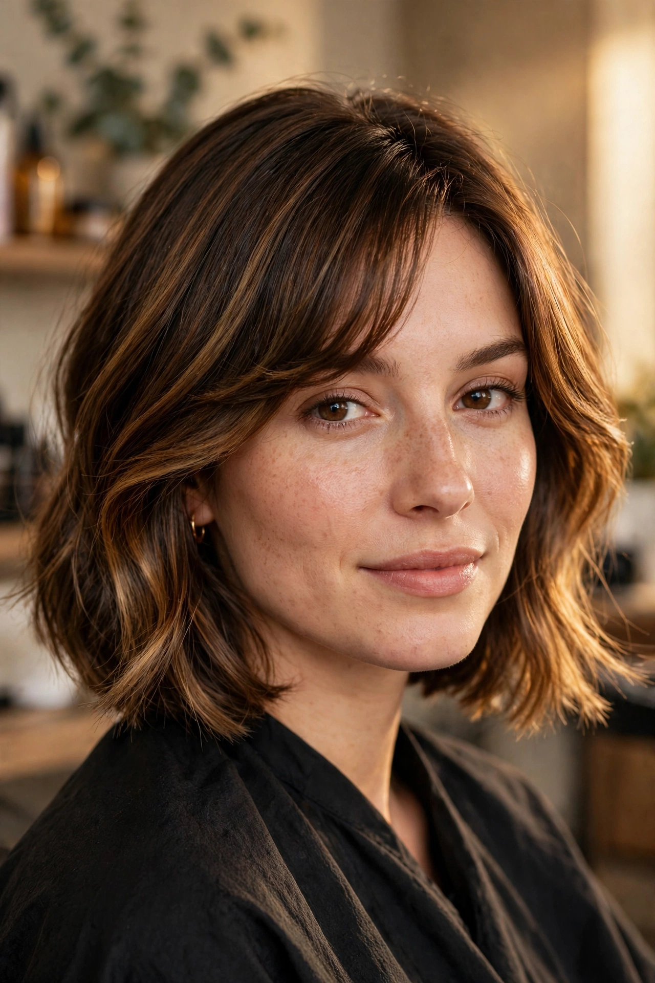 Balayage side swept bob with caramel highlights and dimension