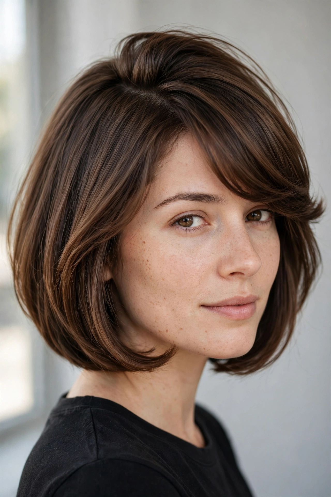 Side swept bob haircut with a deep side part and sweeping fringe