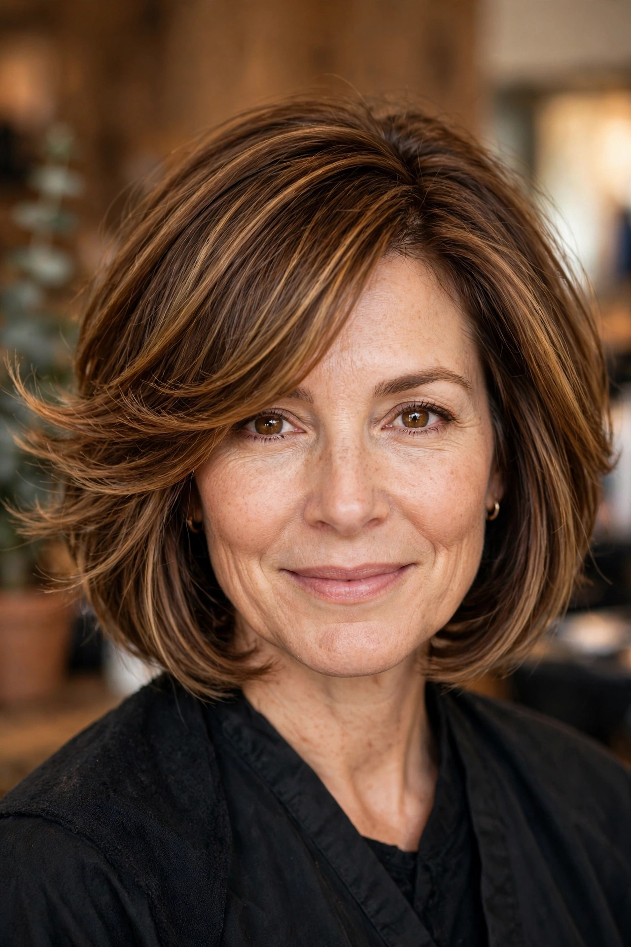 Layered side swept bob with feathered layers and movement