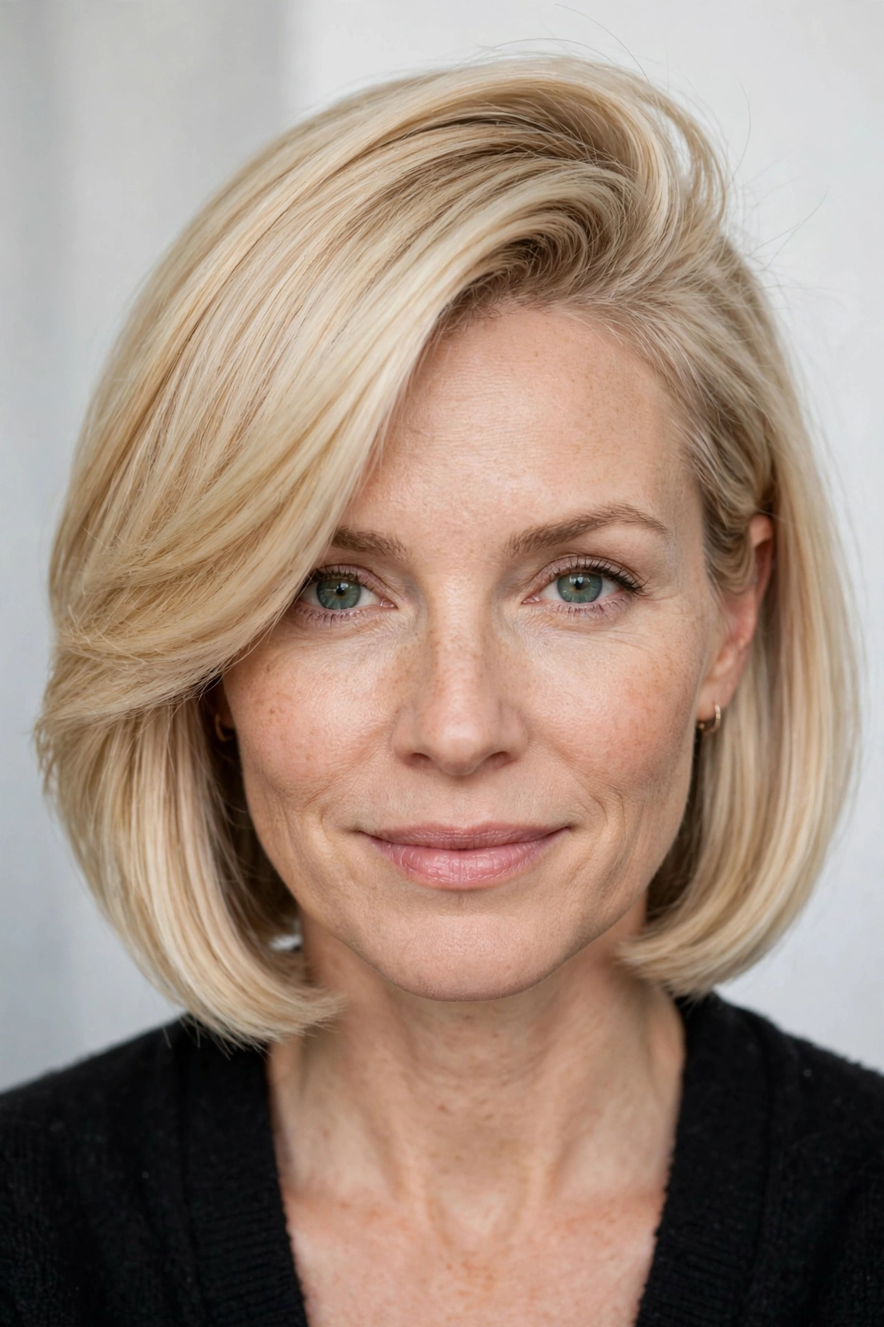 Side swept bob for fine hair with blunt ends and lifted roots