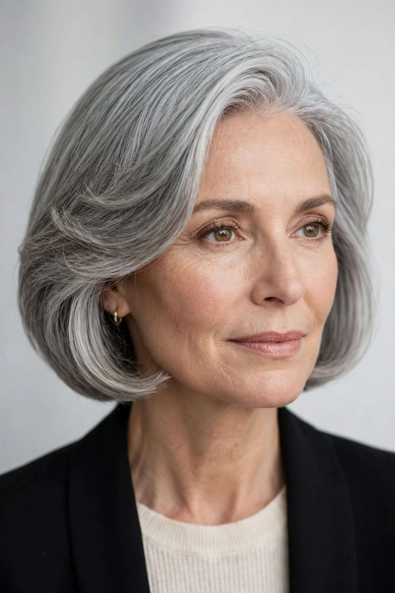 Side swept bob over 50 with soft volume and silver hair