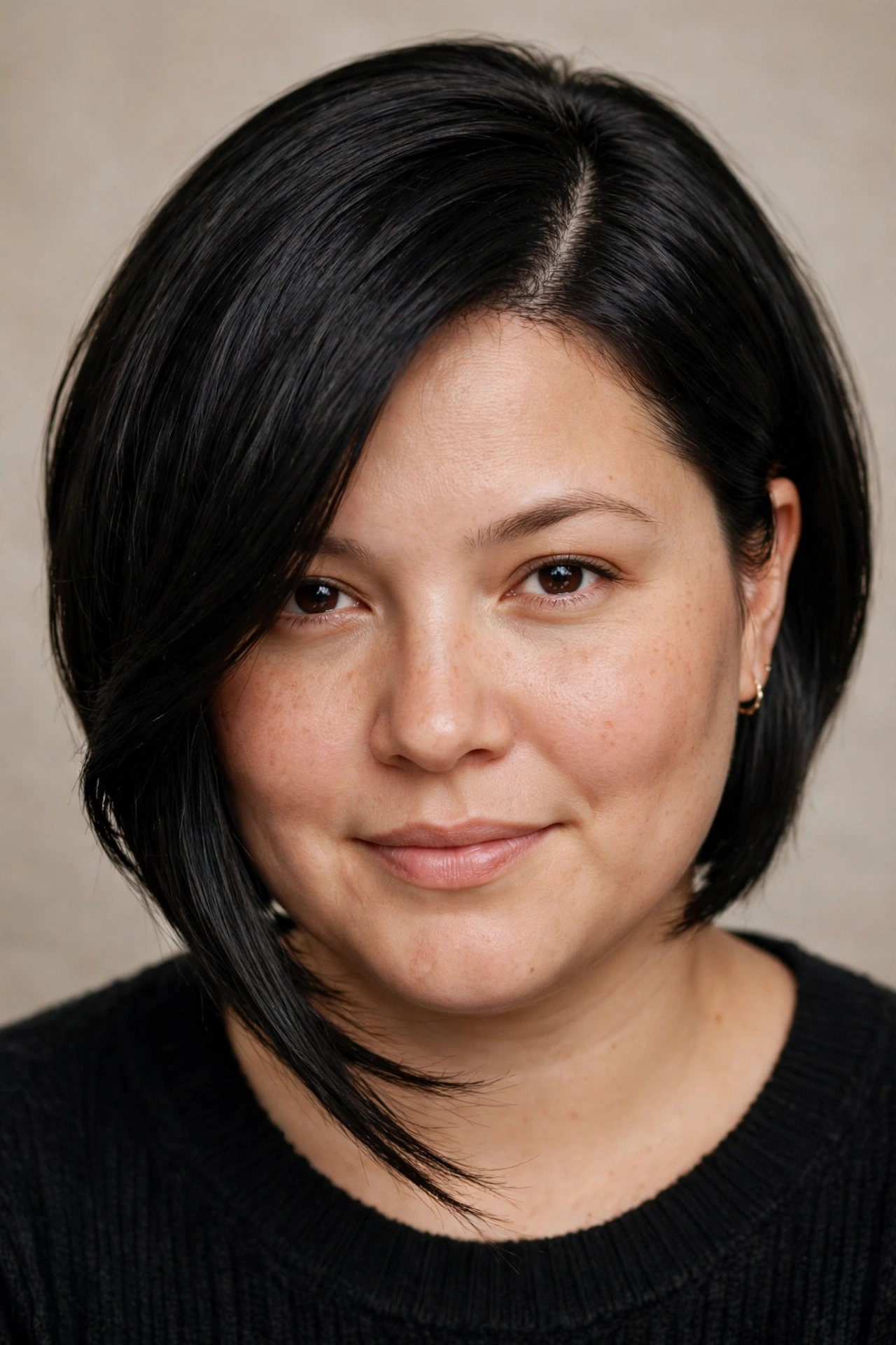 Side swept bob haircut for a round face with longer front pieces