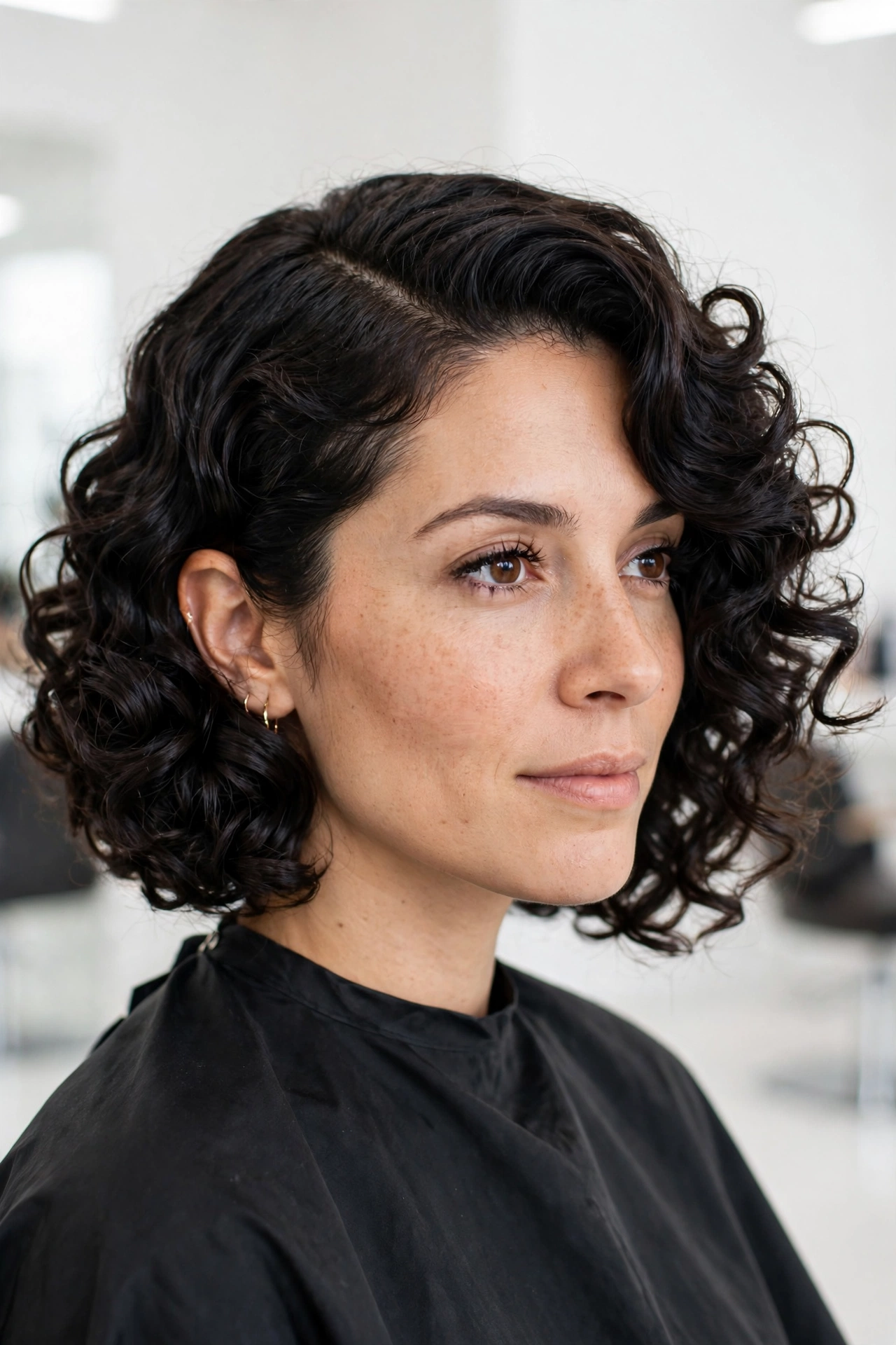 Side swept curly bob with defined curls swept to one side