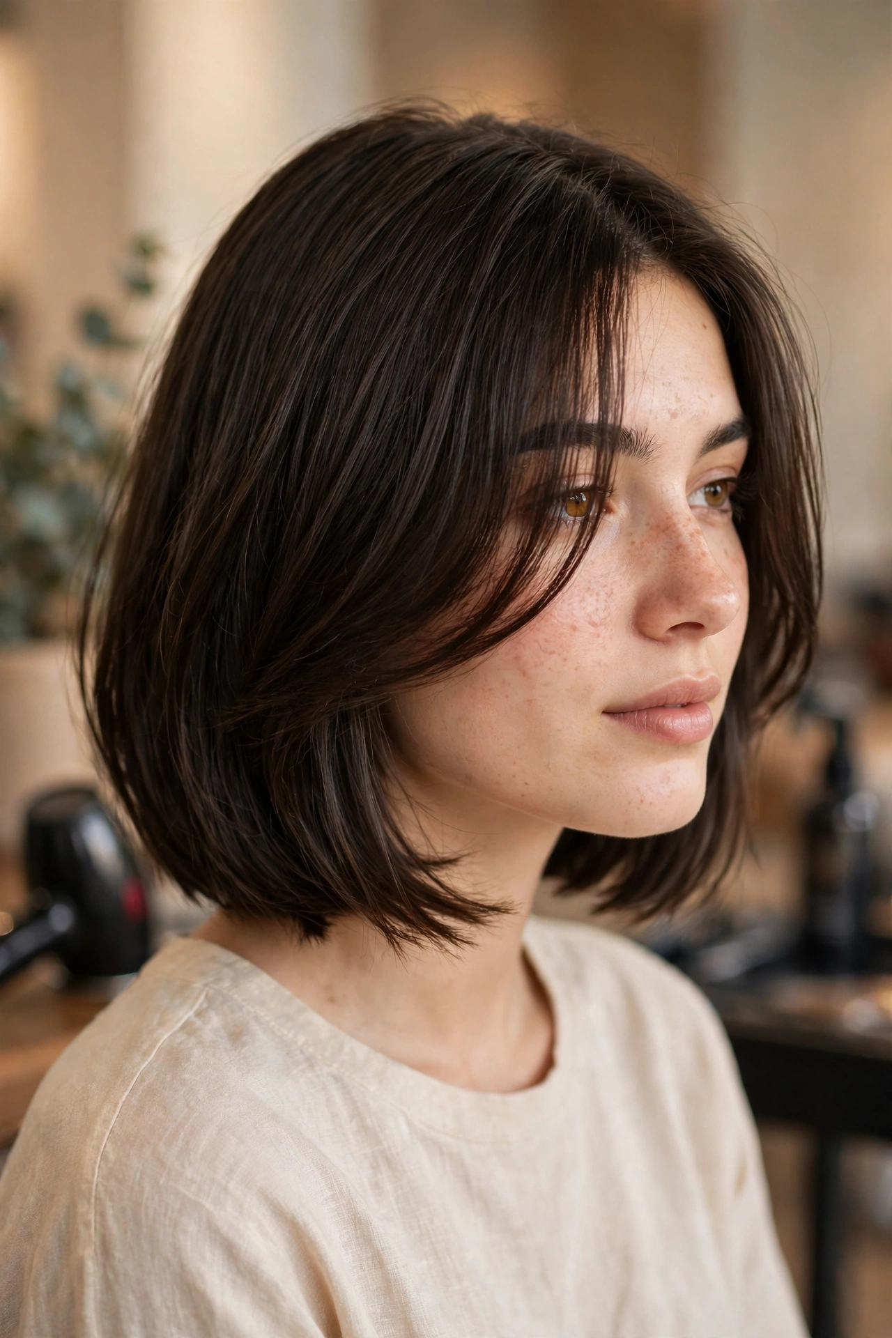 Side swept bob with a long fringe brushing the cheekbone