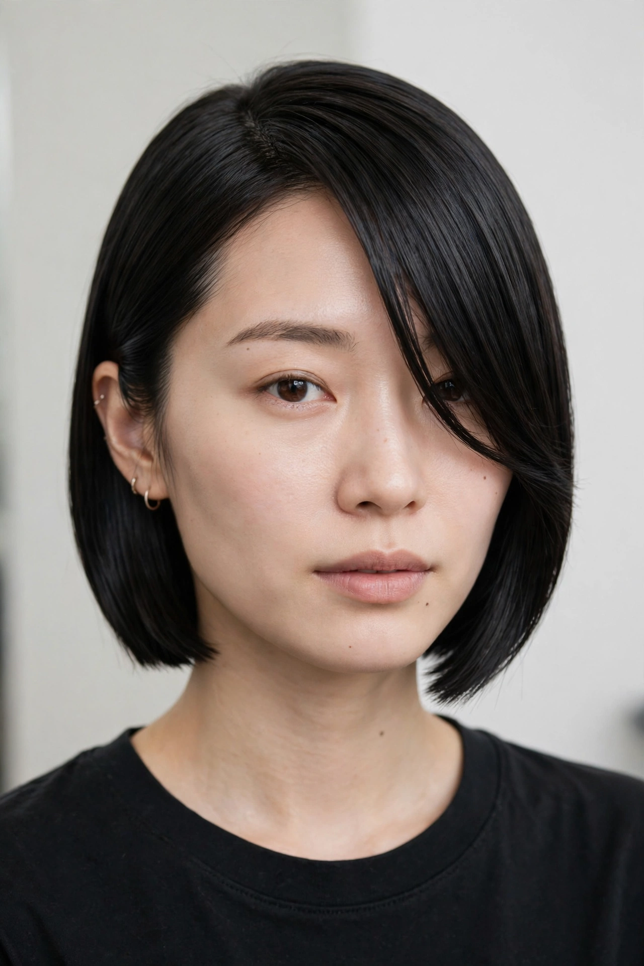 Side swept straight bob with a glass smooth finish