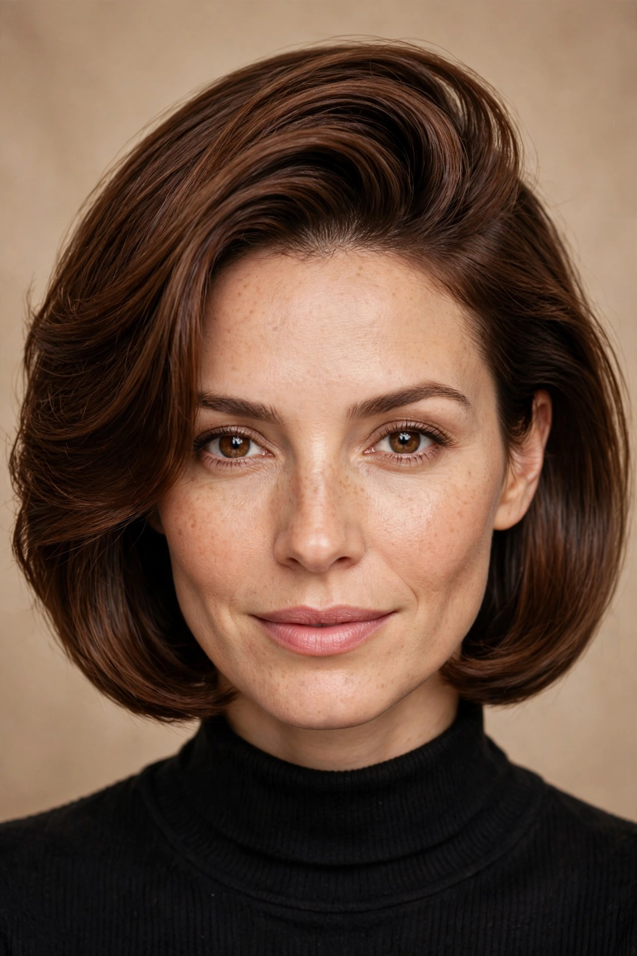 Sleek side swept bob with volume at the crown