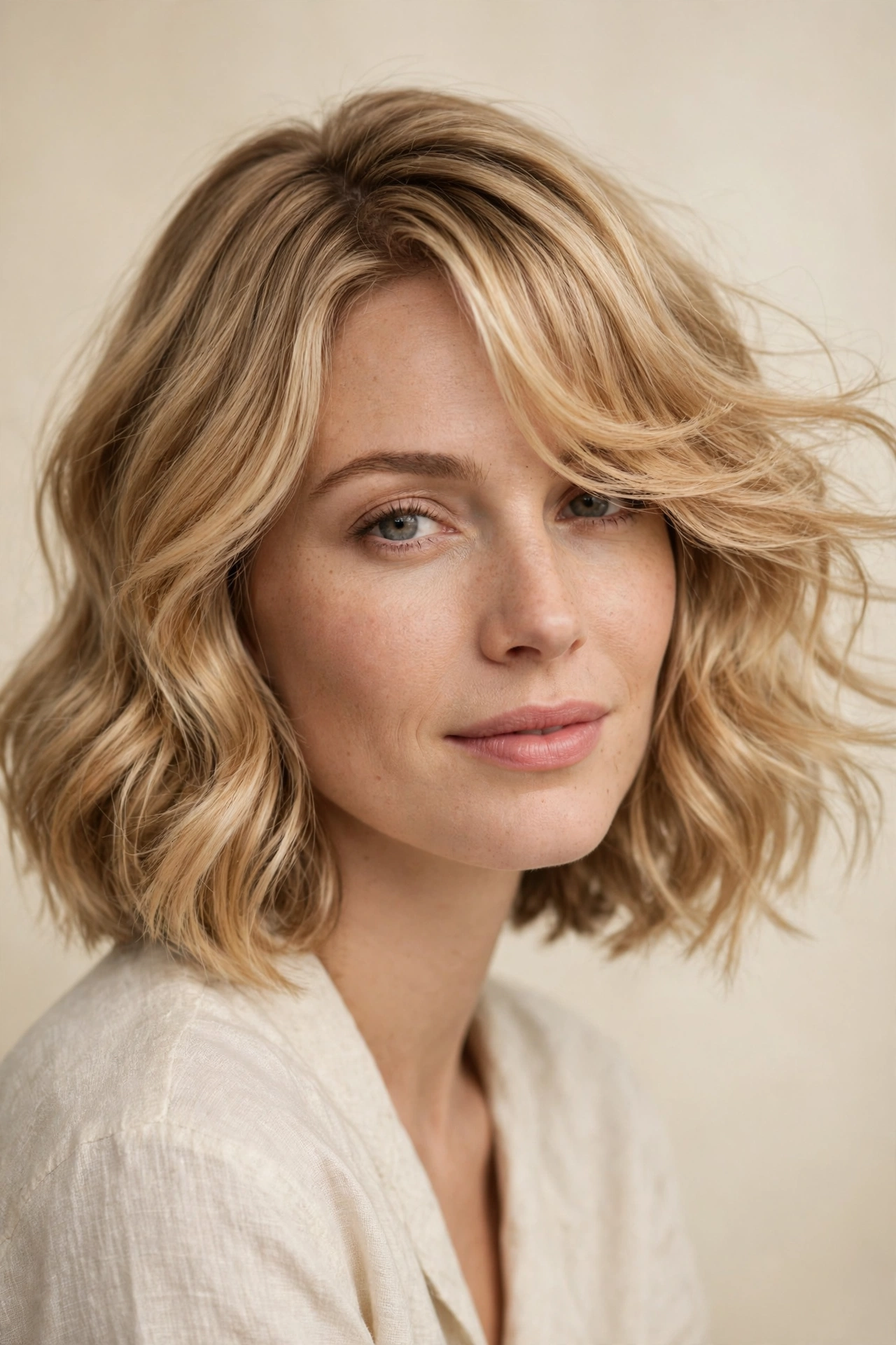 Soft wavy side swept bob with loose waves
