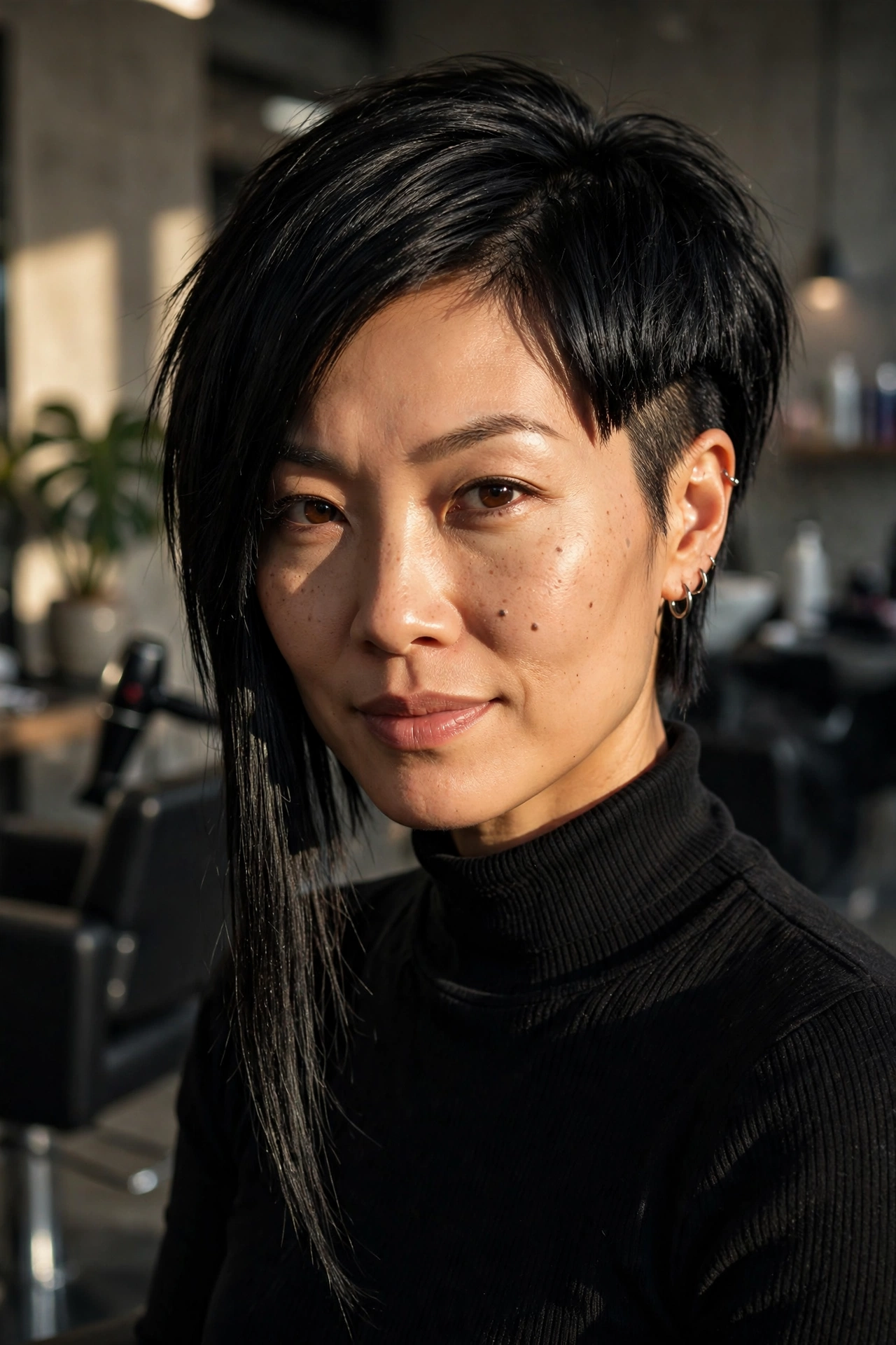 Edgy asymmetrical stacked bob for thin hair with one side longer