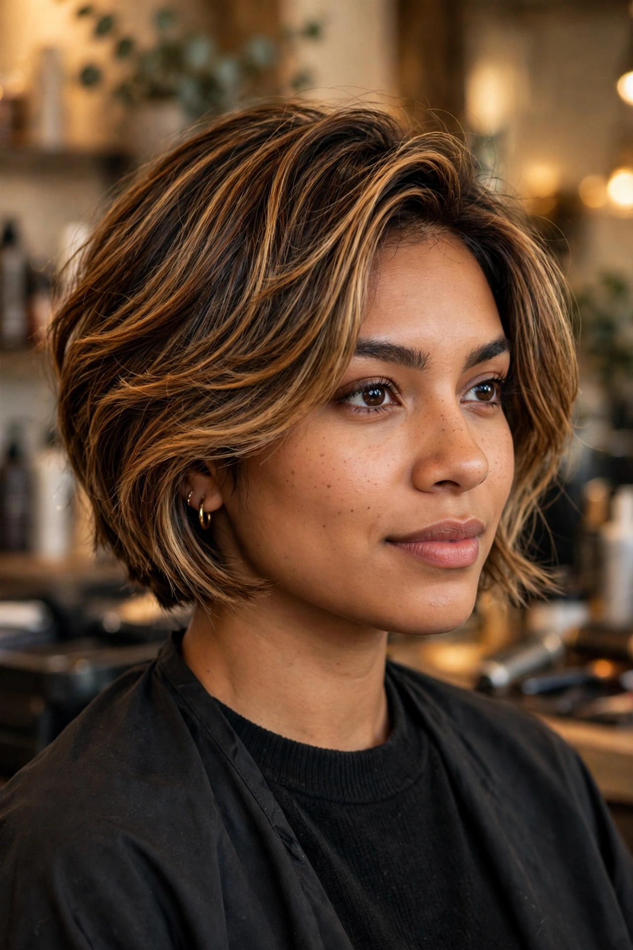 Stacked bob for thin hair with balayage dimension and soft highlights