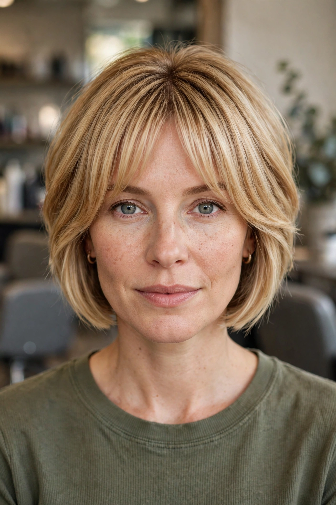 Stacked bob for thin hair with curtain bangs on honey blonde hair