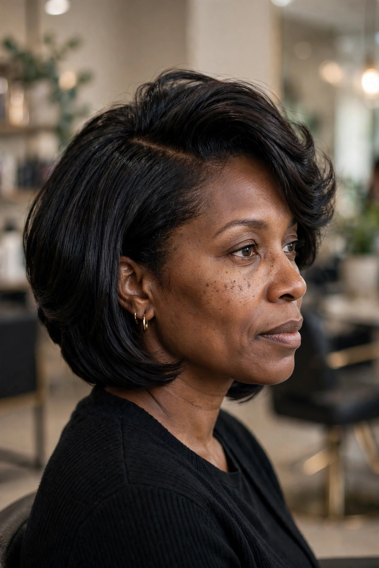 Stacked bob for thin hair with deep side part creating instant volume