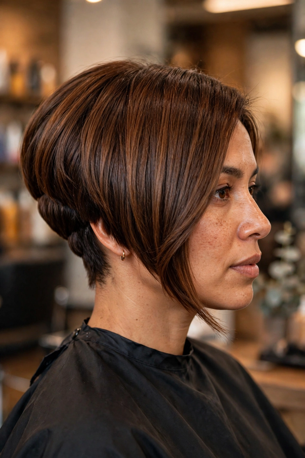 Dramatic inverted stacked bob for thin hair with steep angle, side view